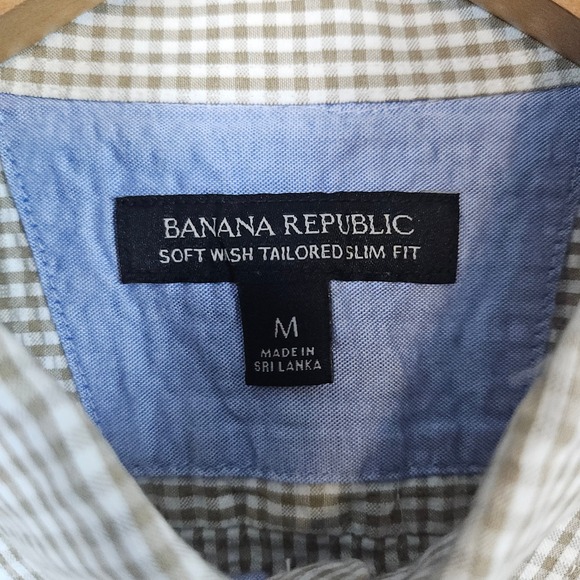 Banana Republic Men's Beige & White Mini-Check Size M Seersucker Button Up Shirt - Picture 3 of 11